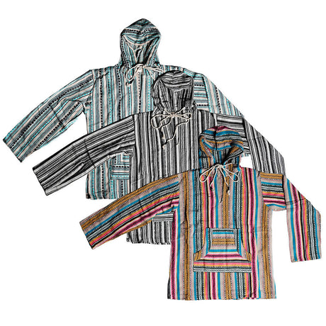 Three Soft Cotton Striped Baja Hoodie Jackets laid flat on white background
