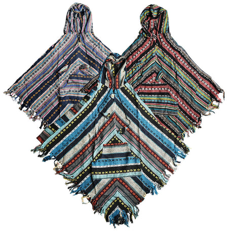 Colorful Southwest Cotton Hooded Poncho with Pockets displayed on a white background