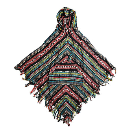 Colorful Southwest Cotton Hooded Poncho with Pockets, 37" Length, Front View