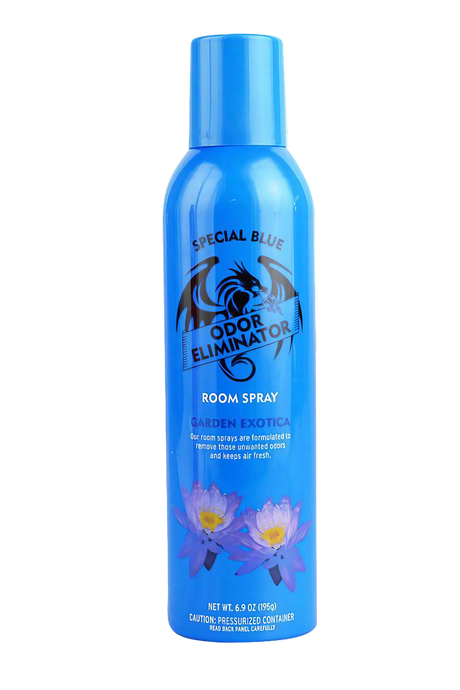 Special Blue 6.9oz Garden Exotica Room Spray in Blue, Front View on White Background