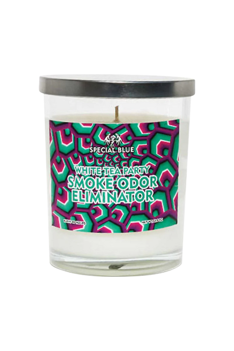 Special Blue Odor Eliminator Candle, 14.8 oz with Psychedelic Design, Front View