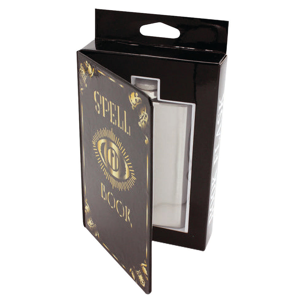 Spell Book Stainless Steel Flask 6oz with ornate design, front view in packaging