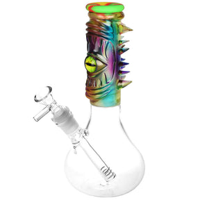 9" Spiked Cyclops Resin & Glass Water Pipe with 45 Degree Joint, Front View on White Background