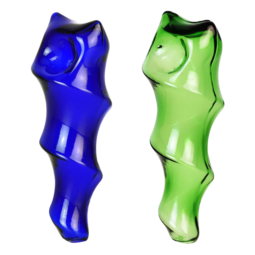 Blue and green Spiral Seashell Twist Glass Hand Pipes on white background