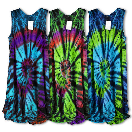 Three Spiral Tie Dye Dresses displayed side by side, vibrant color patterns, one size fits all