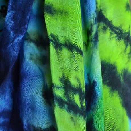 Close-up of Spiral Tie Dye Dress showcasing vibrant blue and green colors