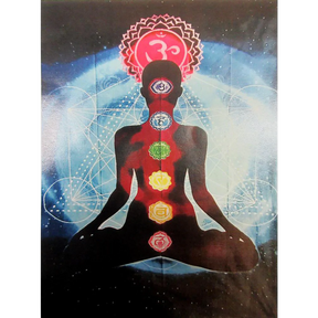 Spiritual Meditation Chakra Tapestry with colorful symbols, 55"x85" cotton, front view