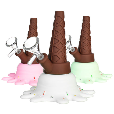 Splat Ice Cream Silicone Water Pipes in brown with pink, white, and green bases, 45-degree joint