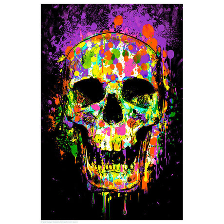 Splatter Skull Blacklight Poster, 24" x 36", UV Reactive, Vibrant Neon Colors on Black Background