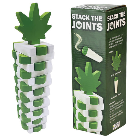 Stack The Joints wooden block game with cannabis leaf design, front and side box view