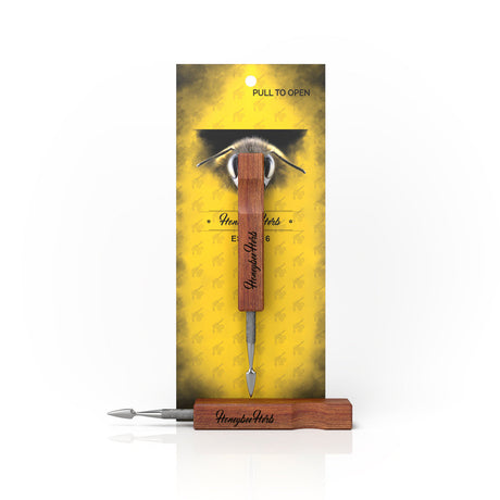 Honeybee Herb Wooden Dab Tool with Sleek Design and Metal Tip, Displayed on Yellow Branded Background