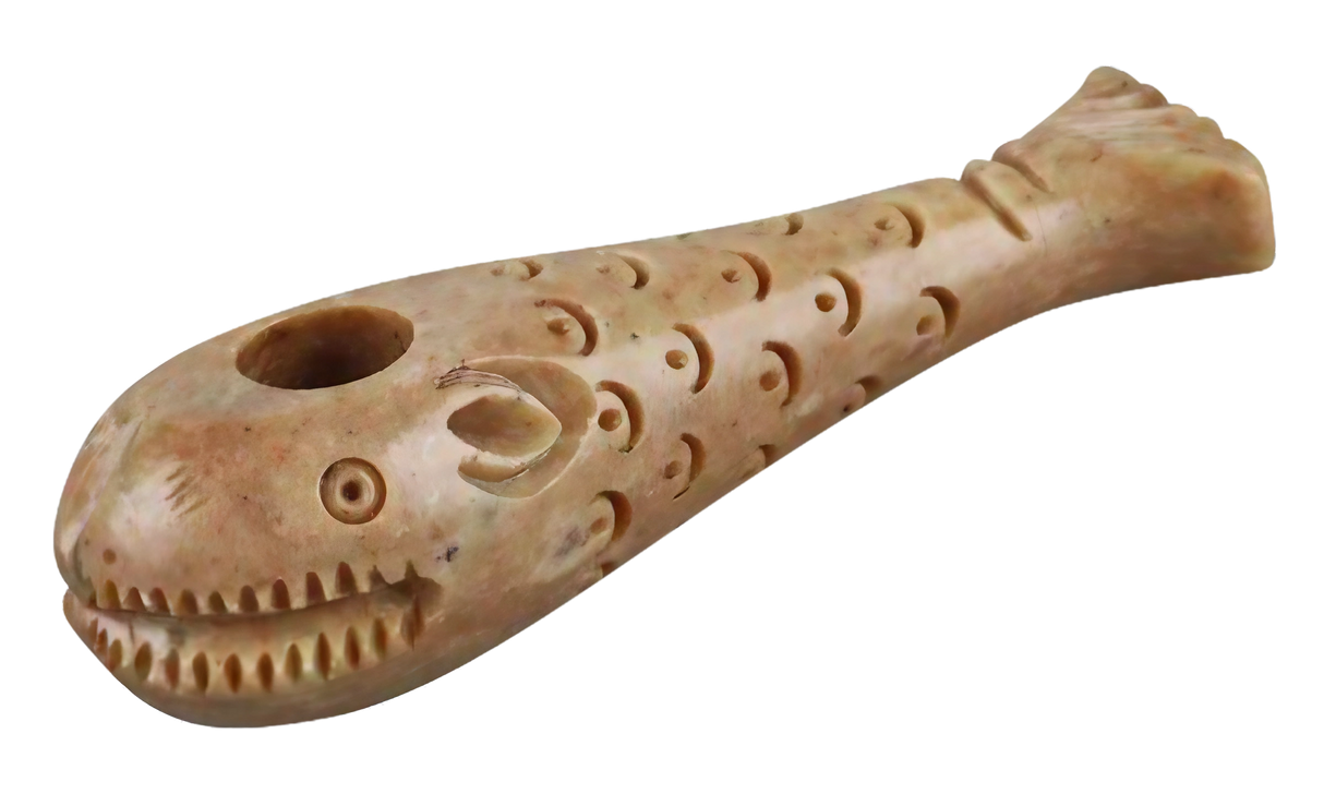Tan Stone Carved Whale Hand Pipe for Dry Herbs, 4" Spoon Design, Side View