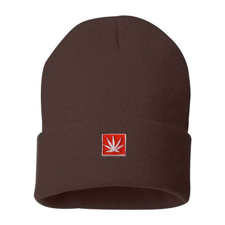 StonerDays 12" Knit Chocolate Hash Beanie with red cannabis leaf emblem, front view on white background