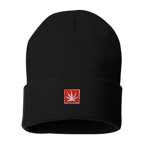 StonerDays 12" Classic Black Knit Beanie with red leaf logo, front view on white background