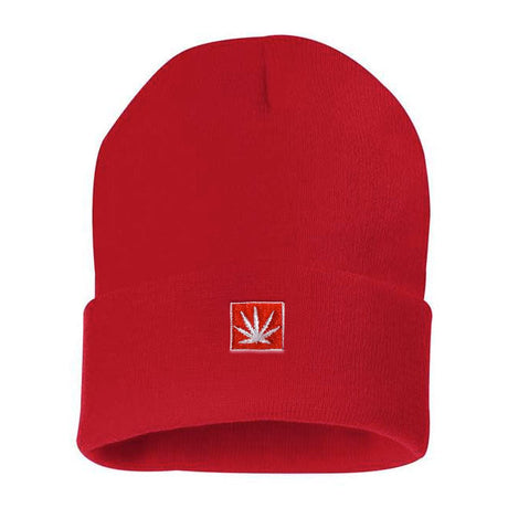 StonerDays Classic Red Knit Beanie with Embroidered Leaf, Acrylic Material, Front View