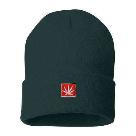 StonerDays 12" Knit Beanie in Forest Green with Embroidered Leaf Design, Front View