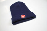 StonerDays 12" Knit Navy Blue Beanie with Red Leaf Logo, Front View on White Background