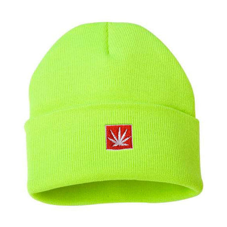 StonerDays 12" Neon Glow Knit Beanie in Neon Green with Cannabis Leaf Emblem