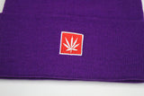StonerDays 12" Knit Purple Beanie with Embroidered Leaf Logo, Close-Up View