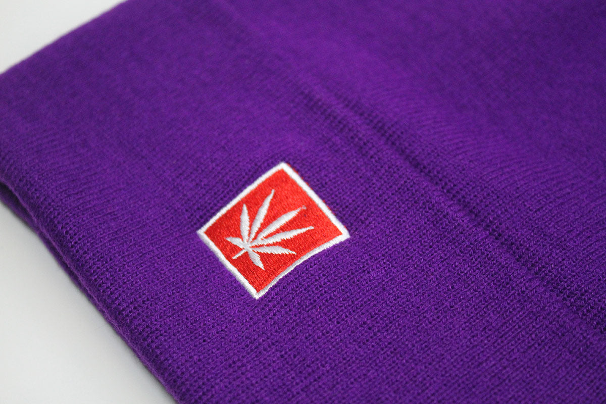 StonerDays 12" Knit Purple Beanie with Embroidered Leaf Logo - Close-up