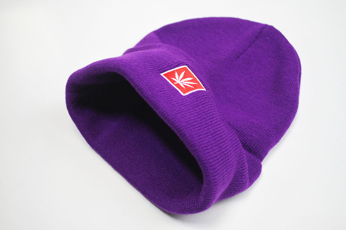 StonerDays 12" Knit Purple Beanie with Embroidered Logo, Front View on White Background