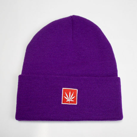 StonerDays 12" Knit Purple Beanie with Embroidered Leaf Logo, Front View