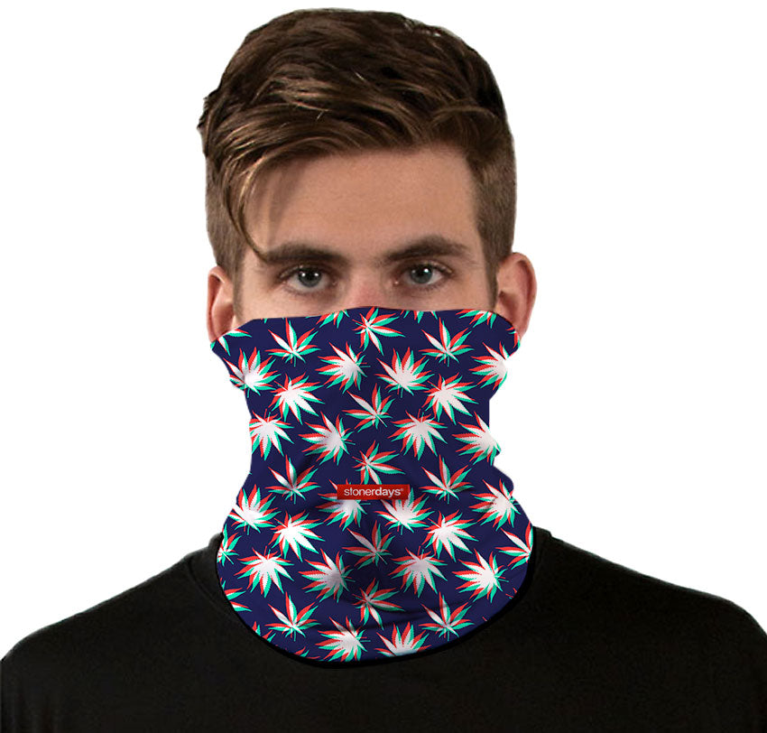 StonerDays 3D Trees Neck Gaiter featuring vibrant cannabis leaf design, front view on model