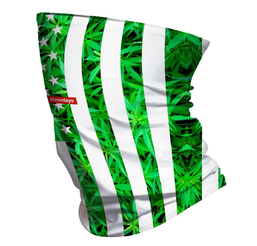 StonerDays All American Neck Gaiter with cannabis leaf pattern, side view on white background