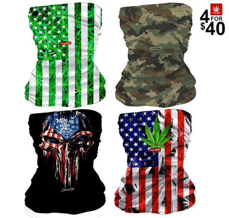 StonerDays All American Neck Gaiter Combo, 4 designs including cannabis leaf and skull, front view