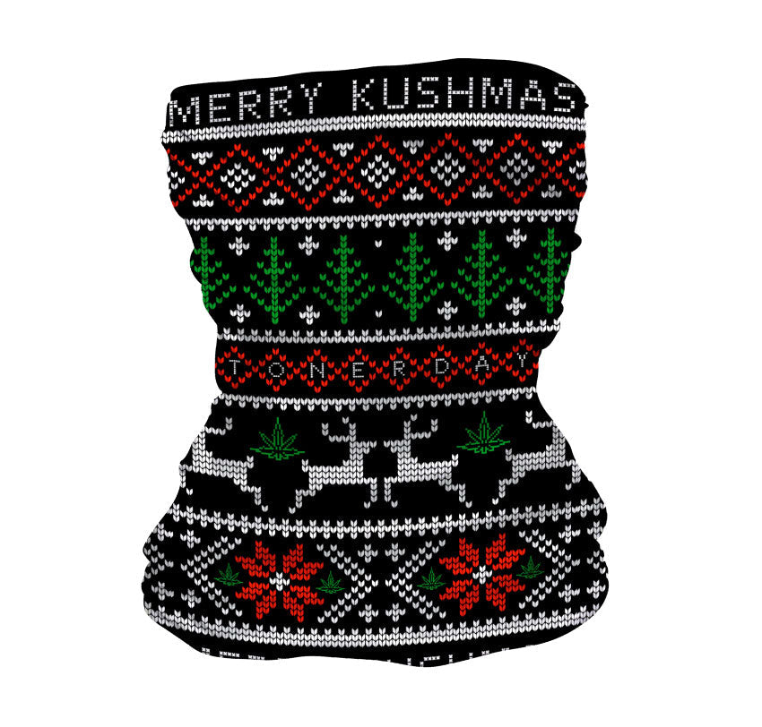 StonerDays Christmas-themed gaiter with 'MERRY KUSHMAS' text and cannabis leaf patterns