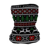 StonerDays Christmas-themed gaiter with 'MERRY KUSHMAS' text and cannabis leaf patterns