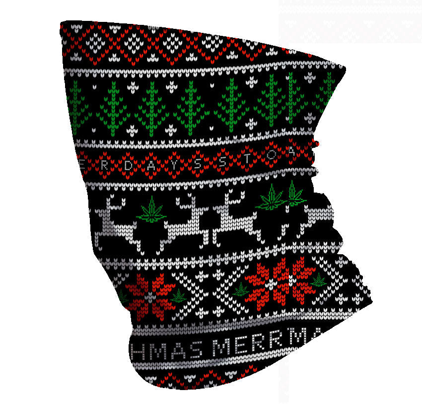 StonerDays Christmas-themed gaiter with cannabis leaf patterns, one size fits all