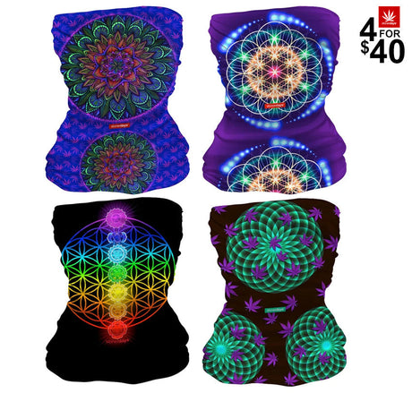 StonerDays Mandala Neck Gaiter Combo, 4 UV Reactive Polyester Designs, Front View