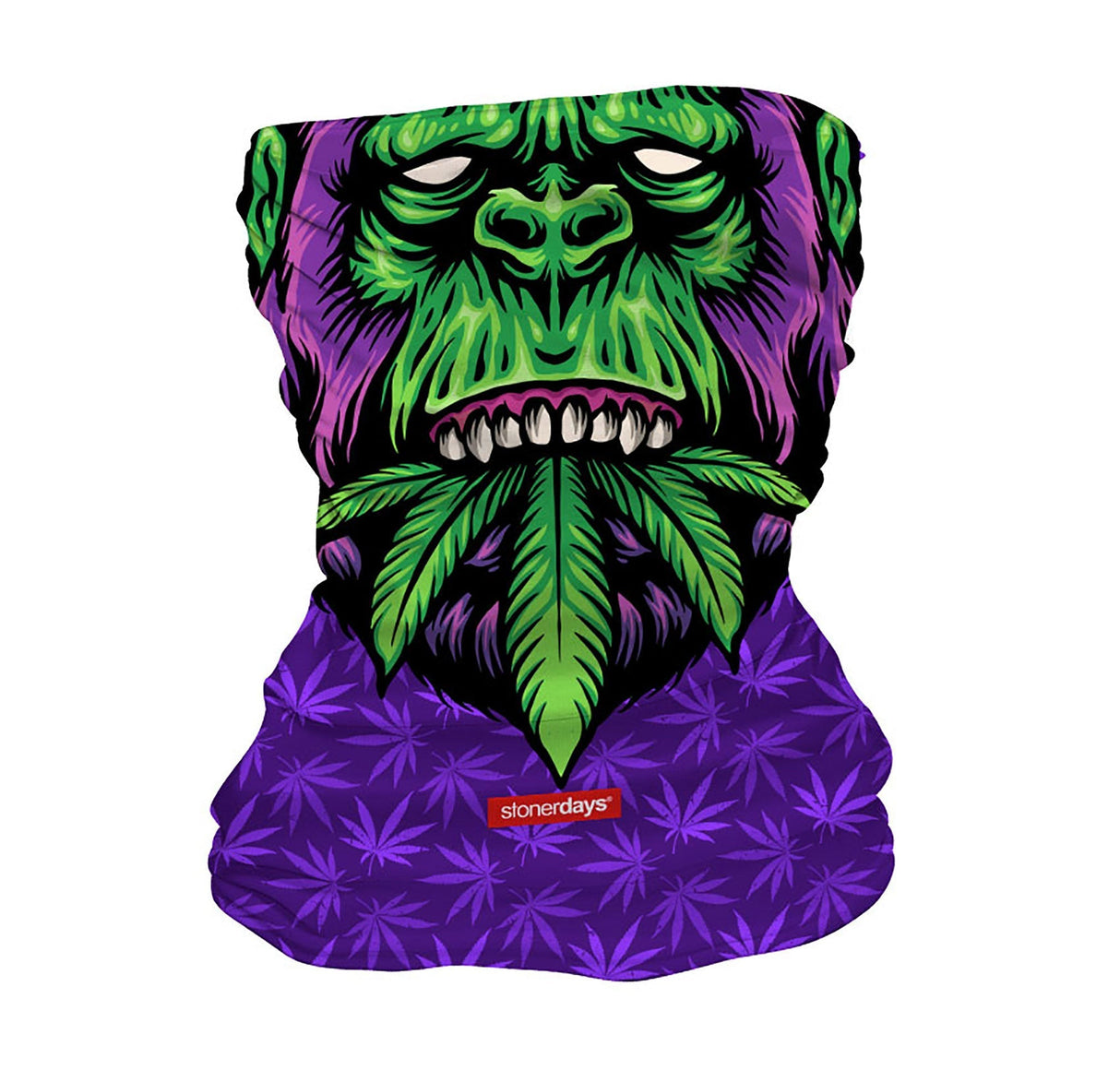 StonerDays Philly Blunts Neck Gaiter with vibrant purple leaf design and green gorilla graphic, front view