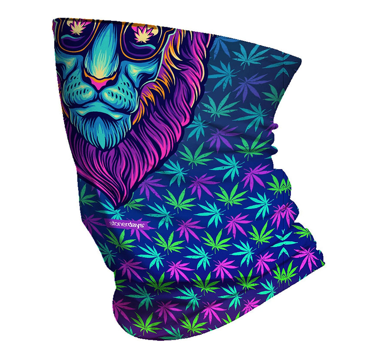 StonerDays Philly Blunts Neck Gaiter with vibrant cannabis leaf design and lion graphic
