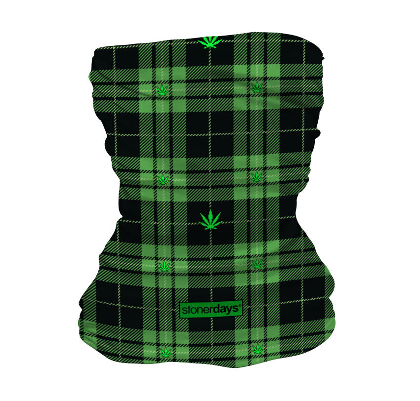 StonerDays Plaid Gaiter with Green Cannabis Leaf Design, Polyester Material, Front View