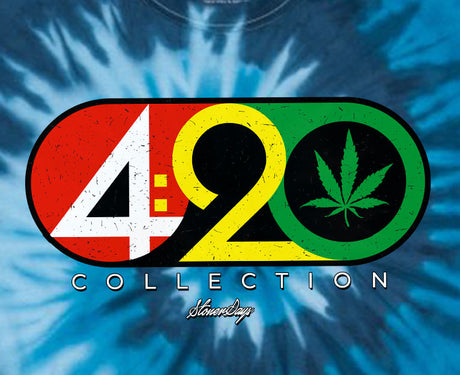 StonerDays 420 Collection T-Shirt in Blue Tie Dye with Rasta Colors and Cannabis Leaf Design