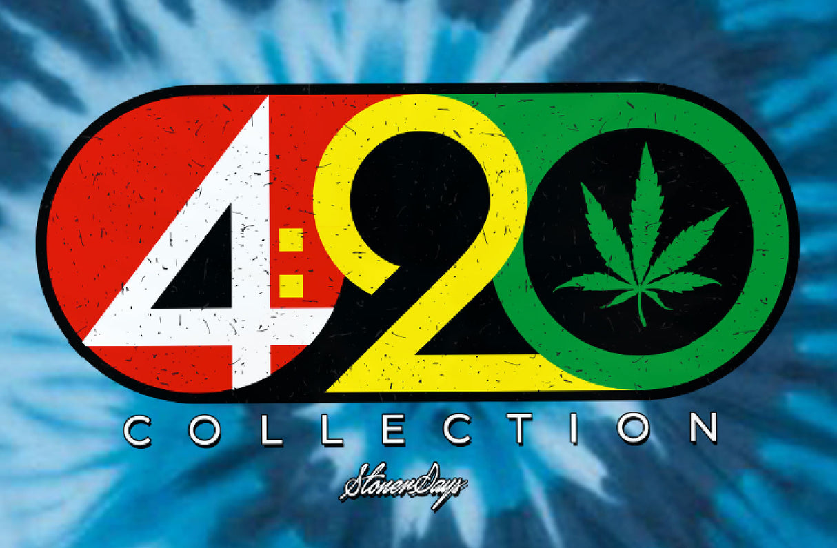 StonerDays 420 Collection logo with rasta colors on blue tie-dye background