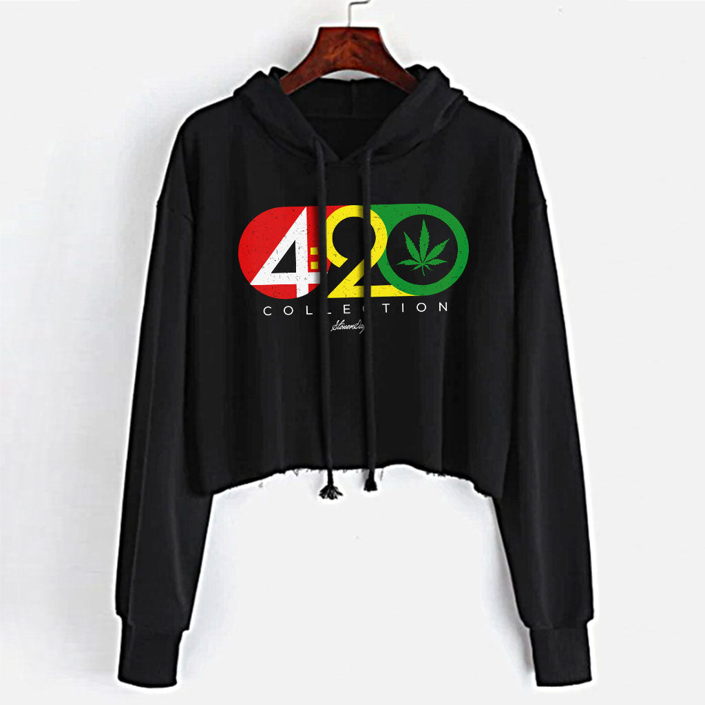 StonerDays 420 Collection women's crop top hoodie in black with colorful logo, front view on hanger