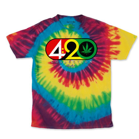 StonerDays 420 Collection t-shirt with vibrant tie-dye design and cannabis leaf logo, front view on white background