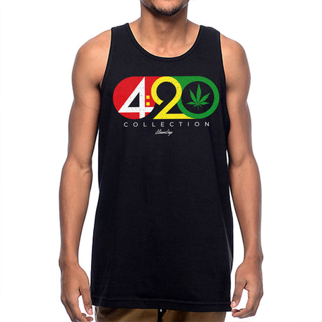 StonerDays 420 Collection black tank top with colorful logo, front view on male model