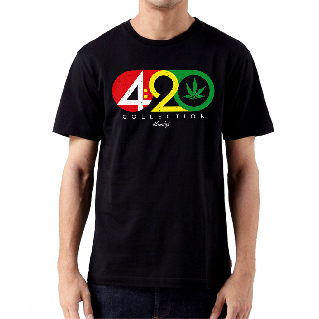 StonerDays 420 Collection black cotton tee with colorful front print, worn by model