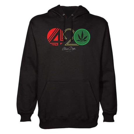 StonerDays 420 Rasta Hoodie in black with red, yellow, and green design, front view on a white background
