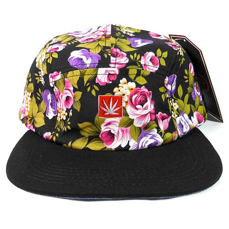 StonerDays 5 Panel Floral Camper Hat with vibrant flower print and black brim, front view