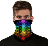 StonerDays 7 Chakras Neck Gaiter featuring UV reactive colors, front view on model