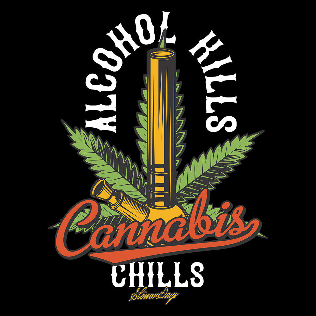 StonerDays black hoodie with 'Alcohol Kills Cannabis Chills' graphic design, men's cotton sweatshirt