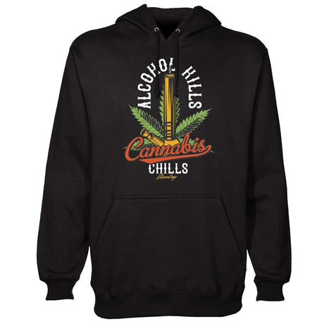 StonerDays black cotton hoodie for men with 'Alcohol Kills Cannabis Chills' graphic, front view
