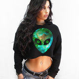 StonerDays Alien Crop Top Hoodie for women, front view, featuring green alien print on black
