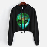 StonerDays Alien Crop Top Hoodie in black with green alien design, front view on white background