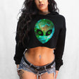 StonerDays Alien Crop Top Hoodie in black with green alien print, front view on model